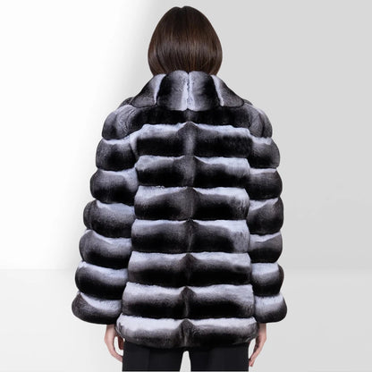 Women's Winter Jacket Real Rex Rabbit Fur Jacket With Hood Chinchilla Color Fur Coat High Quality Genuine Leather Jackets
