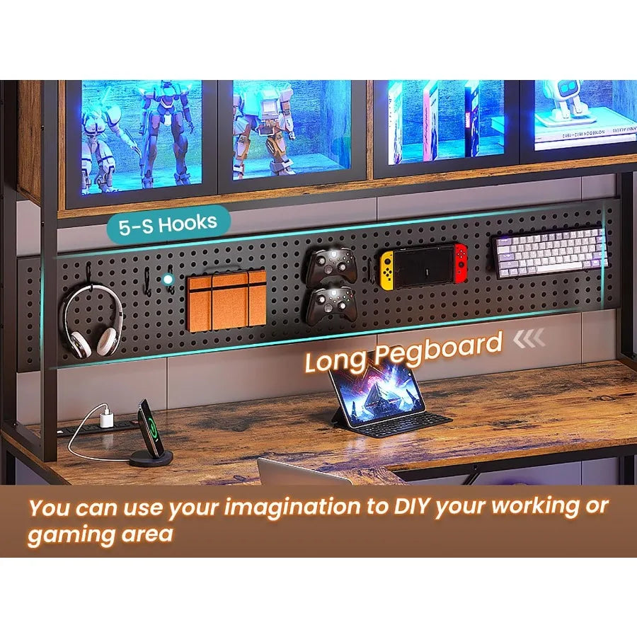 L Shaped Gaming Desk with Drawers and Storage Shelves for Home Office Corner Computer Desk with Hutch Pegboard Panel Built-in L