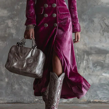 Fall Winter Double Breasted Velvet Cardigan Dress Woman Elegant Lapel Hollow Split Long Dress Vintage Long Sleeve Office Dresses