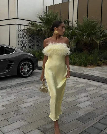 Women's Feather Strapless Dress Fashionable Sleeveless Backless Satin High Waisted Dresses 2026 Party Banquet Women's Gown