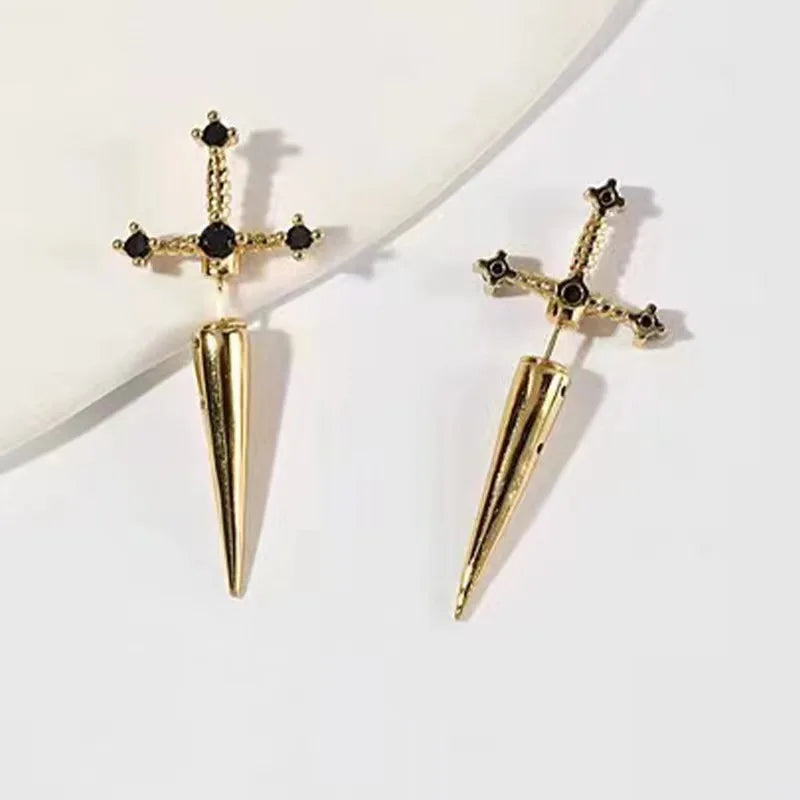 Kiss Jewelry Punk Sword Gothic Kinitial Piercing Earrings for Woman Men Gothic Crystal Ear Jacket Stud Earrings Jewelry - Kimlud