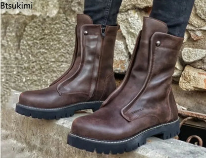 2026 New Big Size Men's Fashion High Top Round Toe Boots PU Leather Shoes Black Stylish Thick Soled Boot Short Motorcycle Botas