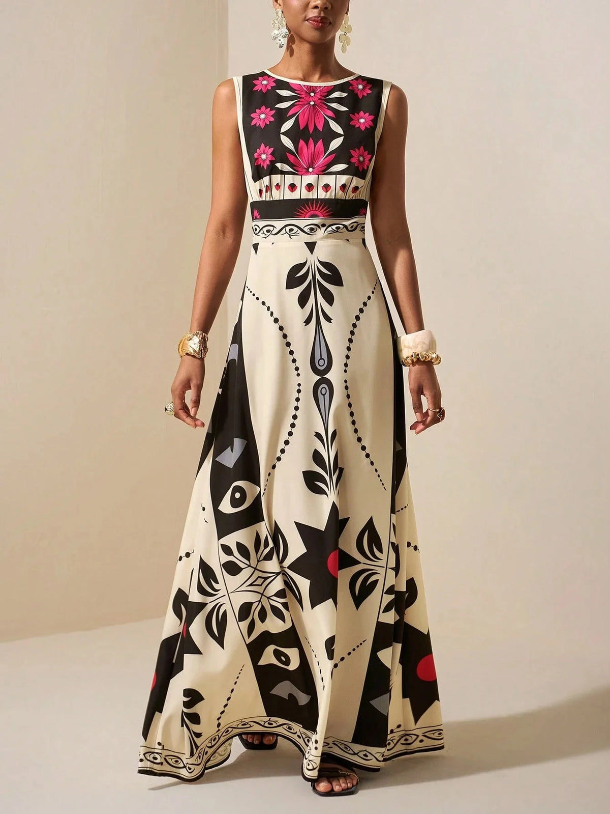 Elegant Red Floral Tribal Sleeveless Dress High Waist A Line Maxi Gown, For Wedding Guest Evening Party Vacation Outfits...