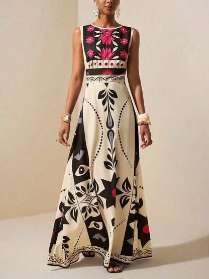 Elegant Red Floral Tribal Sleeveless Dress High Waist A Line Maxi Gown, For Wedding Guest Evening Party Vacation Outfits...