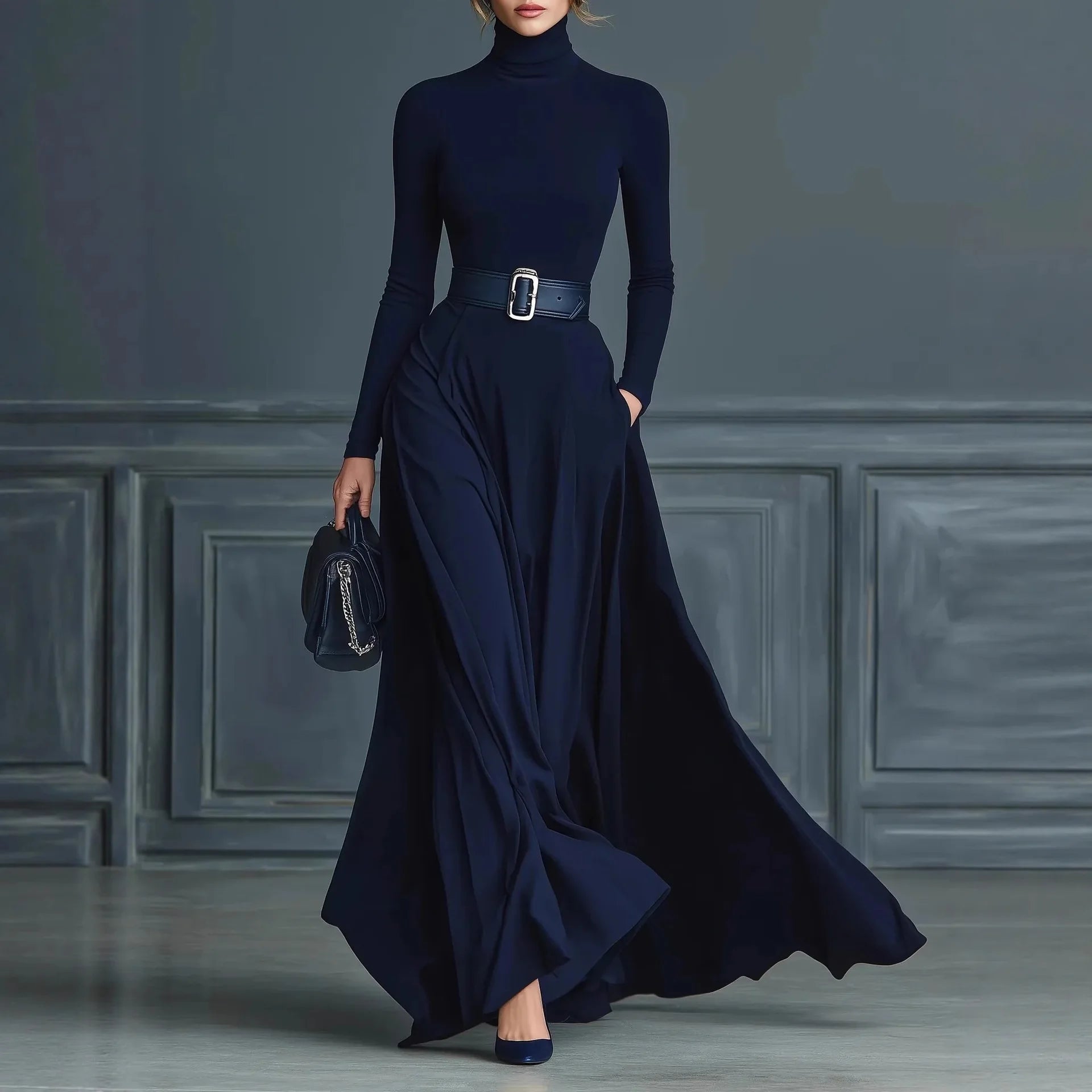 Women Elegant Turtleneck Solid With Pockets Dress Spring Autumn Fashion Slim Fit Big Swing Floor Length Evening Gown NO...