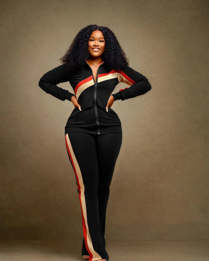 Custom LOGO Spring  Women's Sports Casual Fashion Color-matching Pocket Lapel Zipper Top Straight Pants Two-piece Set S-4XL