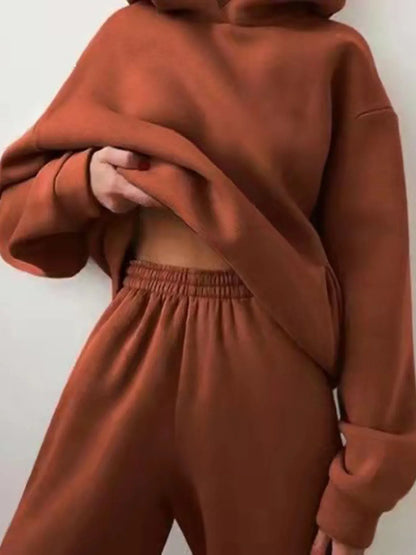 Women's Tracksuit Casual Solid Long Sleeve Hooded Sport Suits Autumn Warm Hoodie Sweatshirts and Long Pant Fleece Two Piece Sets
