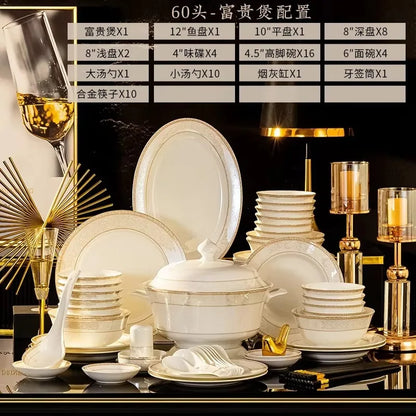 Christmas Ceramic Tableware 60 Sets Equipped With Rich Pot Fashion Xiaozi Series 10 People Dining Simple Bone China...
