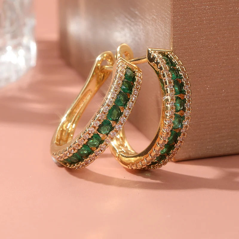 Luxurious Sparking Inlaid Green Synthetic Zirconia Hoop Earrings Women's Fashion Vintage Banquet Perfect Jewelry...