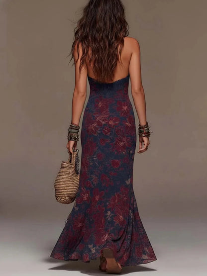 Halter Lace Patchwork Vintage Party Dress Women Summer Backless Print Elegant Maxi Dress 2026 Sleeveless Holiday Ladies...