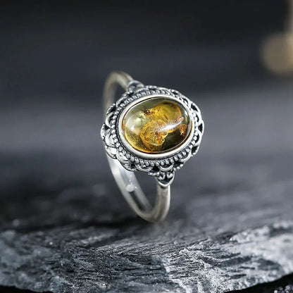 Adjustable Vintage 925 Sterling Silver Ring with Natural Amber, Retro Hollow Floral Design Gemstone Fine Jewelry for Women Man - Kimlud