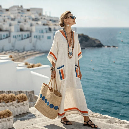 Summer Elegant Loose Long Dresses for Women New Casual V Neck Short Sleeve Geometric Printing Splicing Pocket Loose Waist Dress - Kimlud