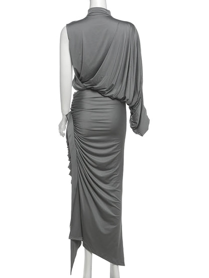 Nibber Summer Y2K Solid Style 2Piece Set Women Turtleneck Single Shoulder Sleeve Tops+Ruched Long Skirts Fashion Elegant Outfits