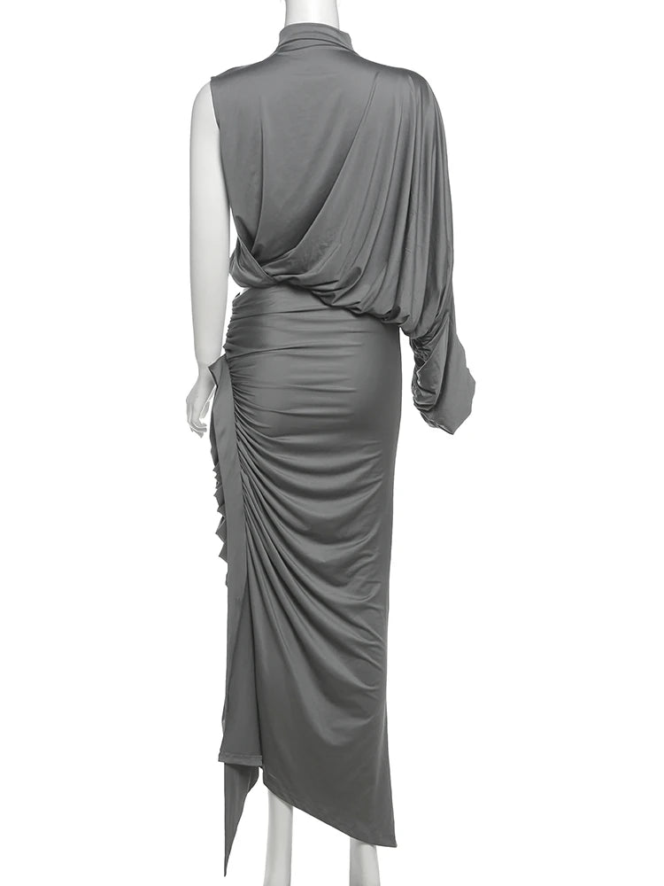 Nibber Summer Y2K Solid Style 2Piece Set Women Turtleneck Single Shoulder Sleeve Tops+Ruched Long Skirts Fashion Elegant Outfits