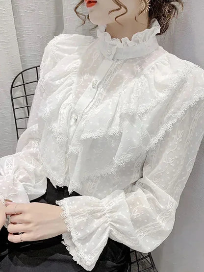 Long Sleeve Loose Spring Fashion Button White Shirt Elegant Stand Collar Pleated Tops Casual Ruffle Lace Blouse Blusas 15832 - Kimlud
