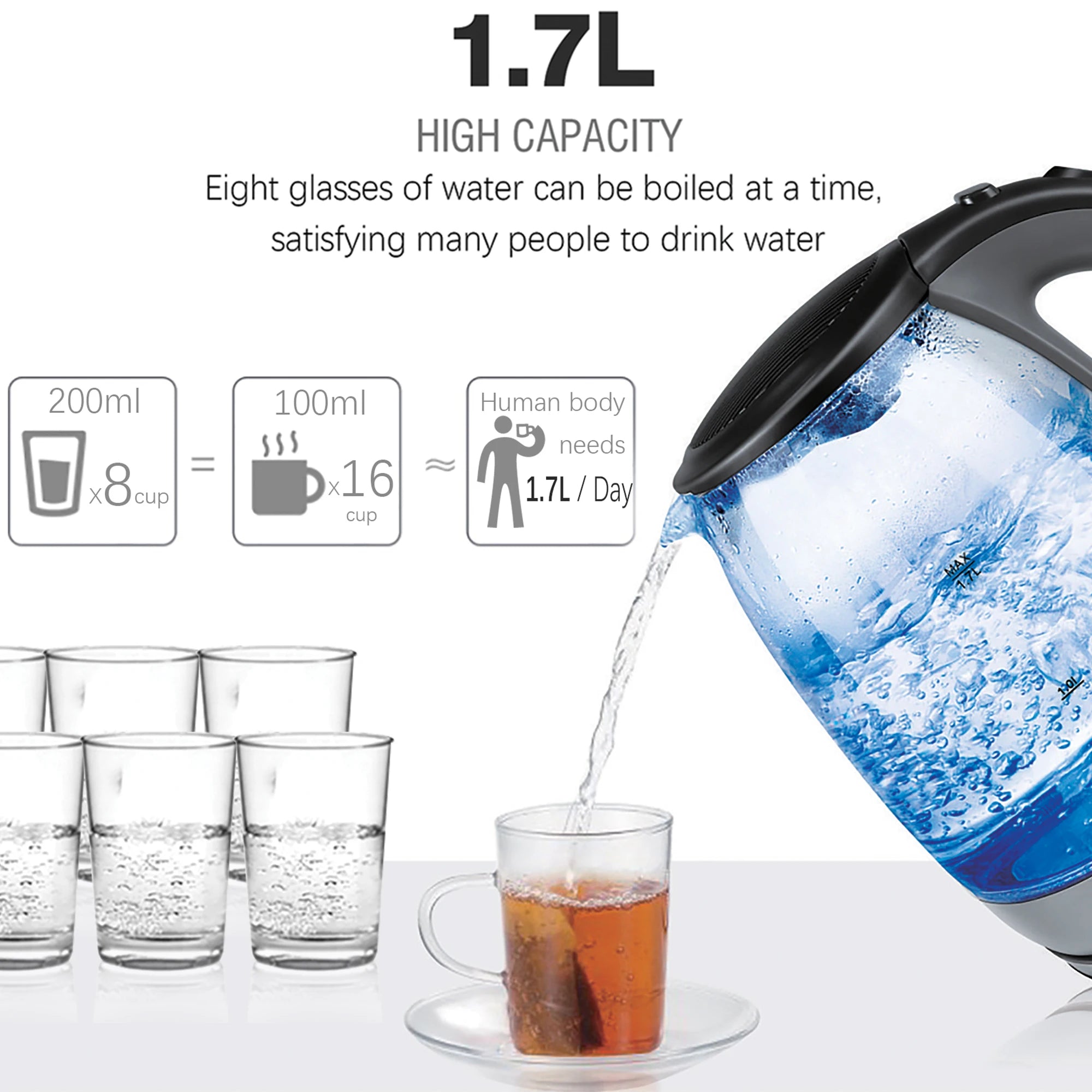 1.7L Glass Health Preserving Pot Electric Kettle with Led Lighting 2000W Quick Boiling Water Auto Shutdown Without BPA Sonifer - Kimlud
