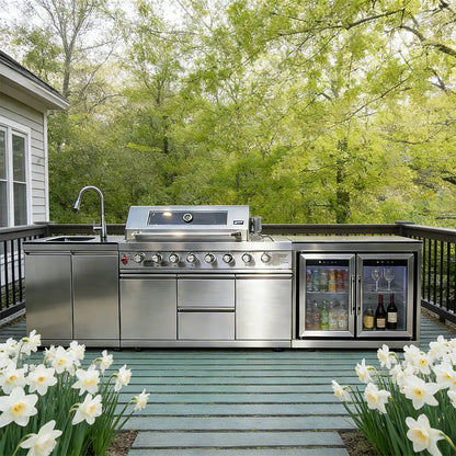 Sturdy 304 Stainless Steel Outdoor Kitchen Cabinet With Grill Cooktop Sink Fridge Rolling Movable On Wheels For Backyard Patio G - Kimlud
