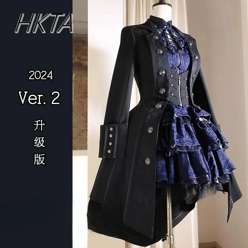 British Style Retro Dark Goth Handsome Black Trench Coat Women Girls Lolita Fake Two Vest White Coats Jacket Y2k Cosplay Clothes