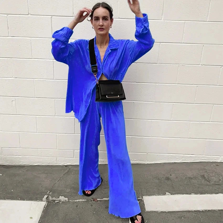 2023 Spring Summer Best Seller Solid Color Draped Loose Fit Smooth Pleated Women's Casual 2-Piece Set Stock Available