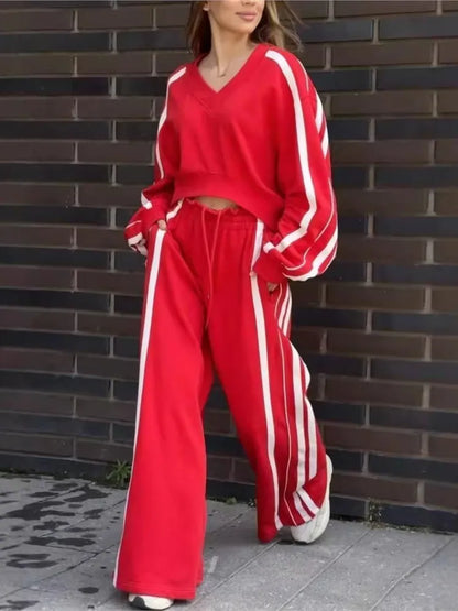 New Fashion Long-sleeved V-neck Cropped Top + Wide-leg Pants 2-piece Set For Women Autumn Color-blocked Pocket Loose Suit Female