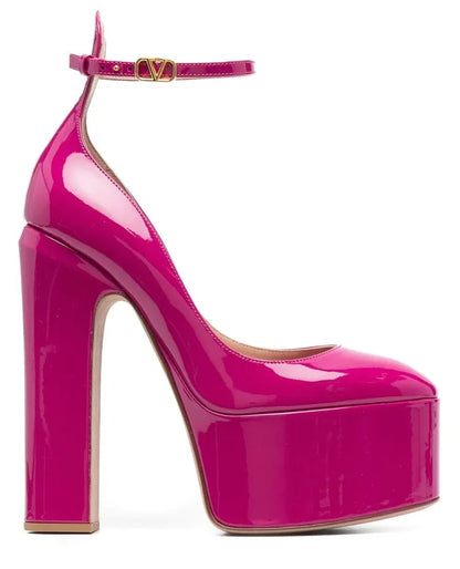 Women New European And American Style Super High Heels Patent Leather Round Toe Thick Sole Large Size Thick Heel Shoes