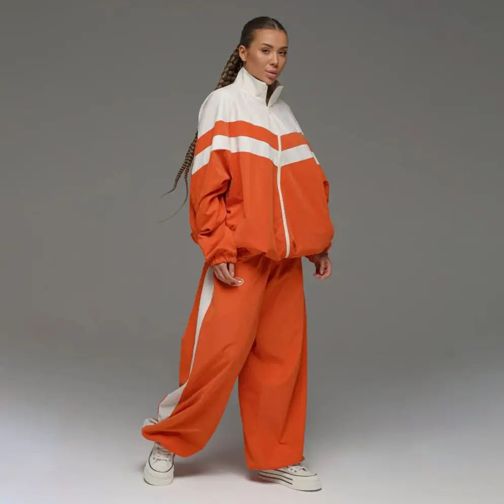 European American Women Outfit Fashion Streetwear Sporty Patchwork Trench Coat Set Two-Piece Sets Spring Autumn Loose...