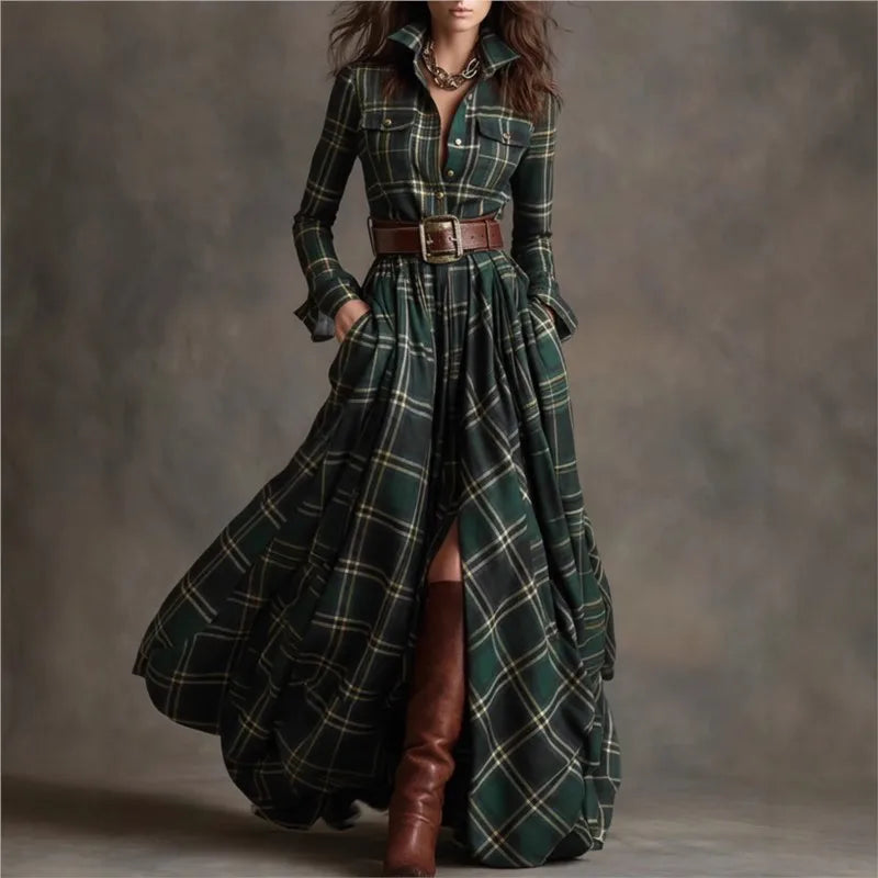 Leisure Grid Printed Long Sleeve Shirts Dress Autumn New Long Sleeve Pocket Dress Elegant Ladies Loose Pleated Commute Dresses