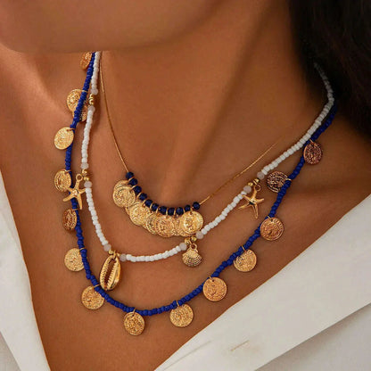 Ingemark 3Pcs/Set Boho Seed Beads Chain Necklace for Women Beach Vintage Metal Conch Starfish Coin Pendant Choker Y2K Jewelry