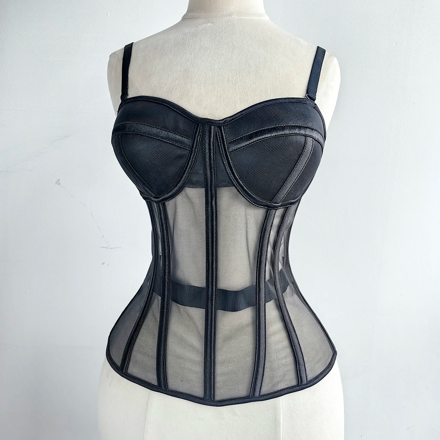 Women Luxury Mesh Corset Bustier Transparent Bodices With Cups Waist Slimmer Lace Up Steel Bone Tight Fitting Tube Tops...
