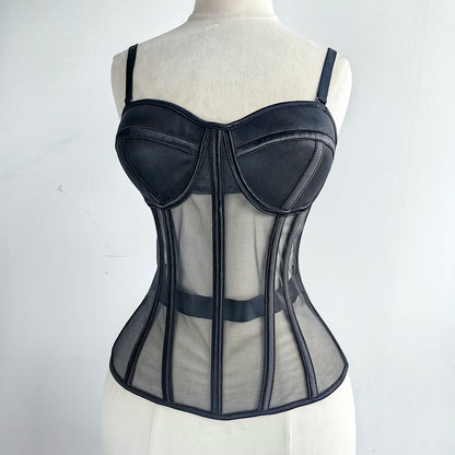 Women Luxury Mesh Corset Bustier Transparent Bodices With Cups Waist Slimmer Lace Up Steel Bone Tight Fitting Tube Tops...