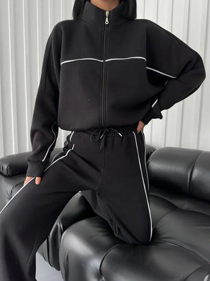 Zekye Women's Clothing Long-sleeved Semi-turtleneck Cardigan Sweater Strappy Striped Trousers Women's Suit Collection 2025 - Kimlud