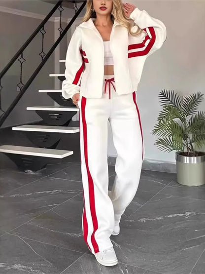 Fashion Long-sleeved Stand-up Collar Zipper Top + Wide-leg Pants 2-piece Set Women Autumn Striped Splicing Sport Suit...