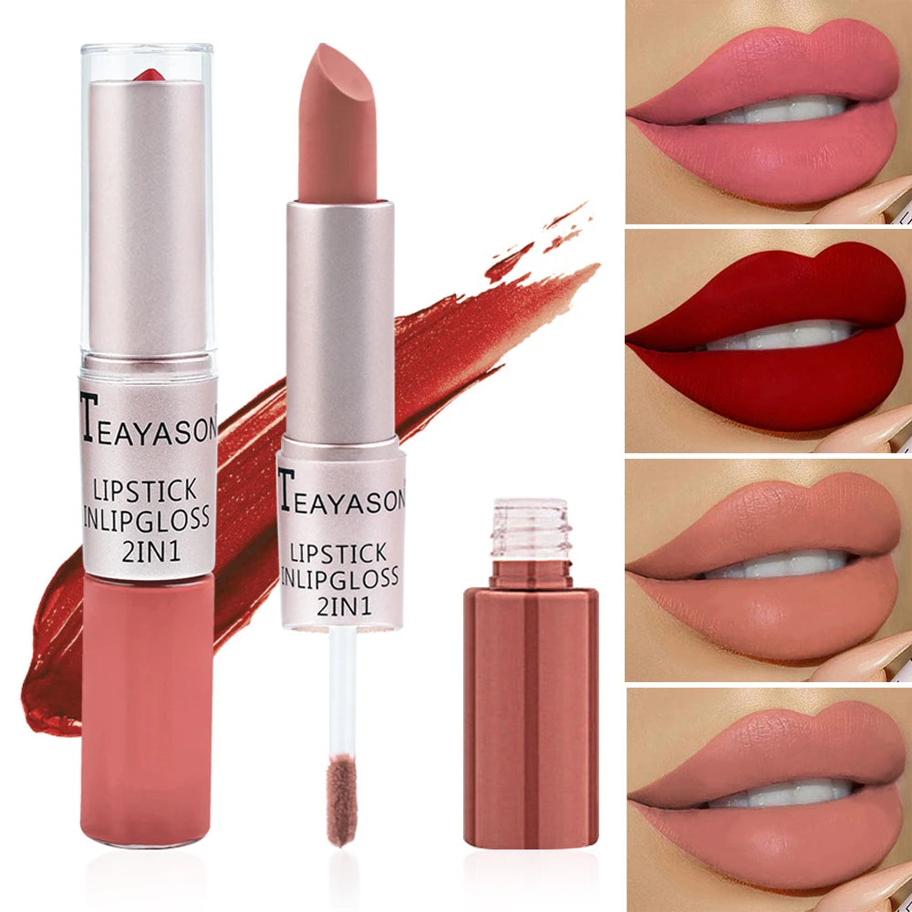 1Pc Long Lasting Velvet Matte Lipstick Double Head Lip Gloss Non-stick Cup Lip Gloss Waterproof 2 in 1 Matte Red...