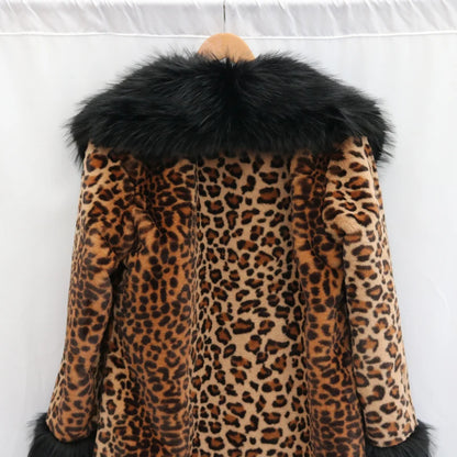 Women's leopard-print fur coat Long mink coat fox fur large fur collar winter trench coat loose and large size