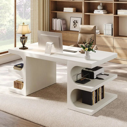 Office Desk, 63" Computer Desk with Storage Shelves, Modern Wood Study Writing Table, Large Workstation Business Furniture - Kimlud