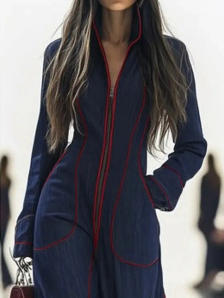 Women Stand Collar Zip Up Jumpsuit Long Sleeve Contrast Stitching Wide Leg With Pockets Casual Streetwear Party Holiday Outfits