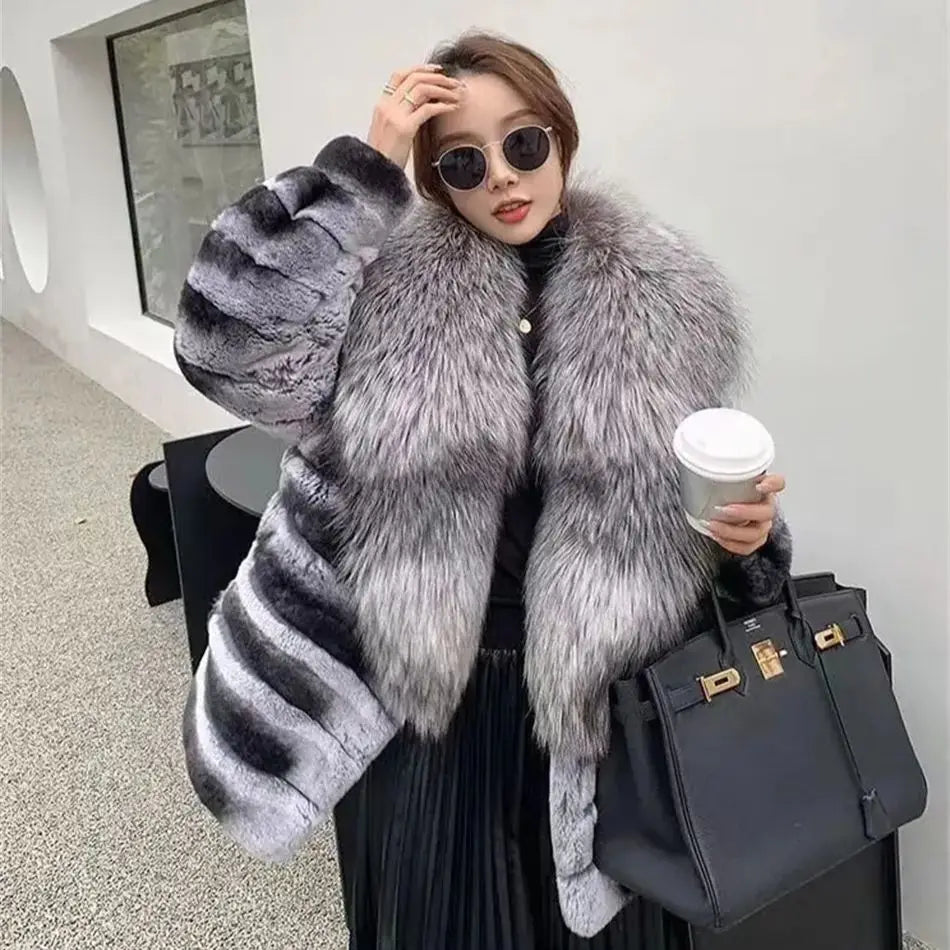 Natural Rex Rabbit Fur Coat for Women, Monochromatic Hood, Thickened and Warm, Large Fox Fur Collar, 100% Pure, New, Winter, 202