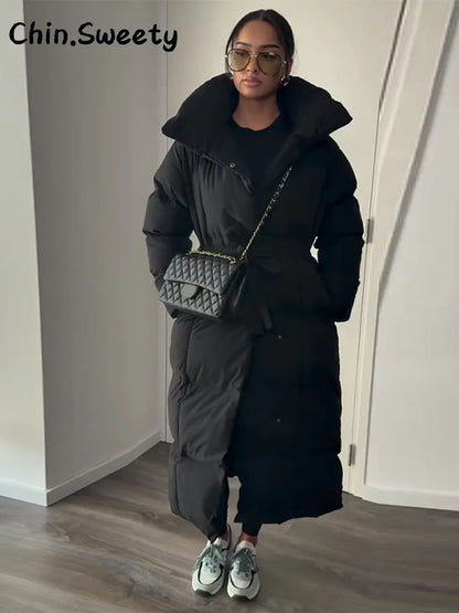 Warm Women's Puffy Quilted Hooded Long Cotton Coat Loose Solid Stand Collar Lace Up Zipper Overcoats 2025 Winter Lady Outwear