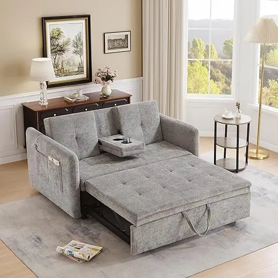 Convertible Brown Sofa Bed with Cup Holders, Pull-Out Sleeper, USB Ports for Living Rooms, Bedrooms, and RVs | Kimlud...