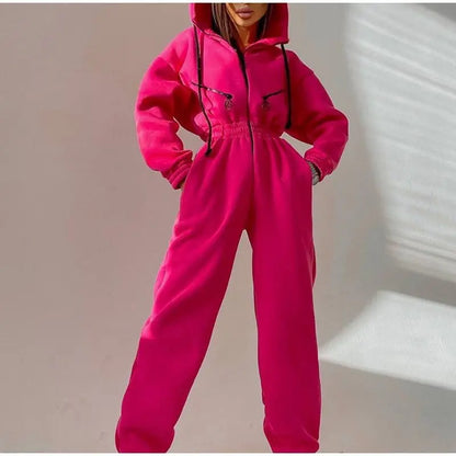 Long Sleeve Sports Casual Women's Hooded Overall Pants Jumpsuits Solid Color Jumpsuit Women One-Piece Suit - Kimlud