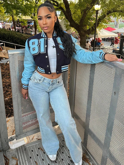 Nibber Sporty Jacket Woman Contrast Patchwork Baseball Autumn Trend Letter Print Single-Breasted Full Sleeve Casual Style Coats