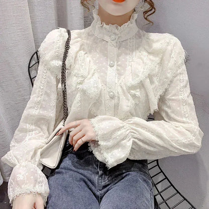 Long Sleeve Loose Spring Fashion Button White Shirt Elegant Stand Collar Pleated Tops Casual Ruffle Lace Blouse Blusas 15832 - Kimlud