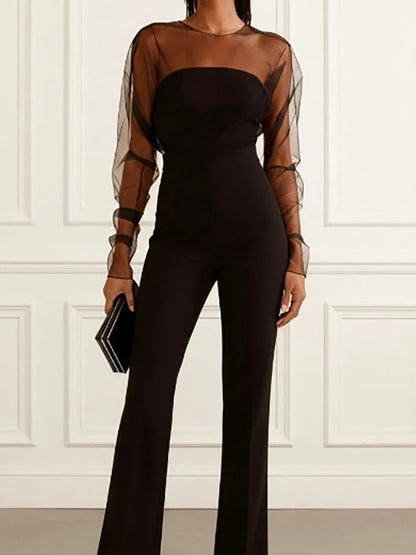 O Neck Long Sleeve Chic Fashion Jumpsuits, Women Spring Summer Flare Pants Elegant Bodysuits, New Solid Mesh Patchwork...