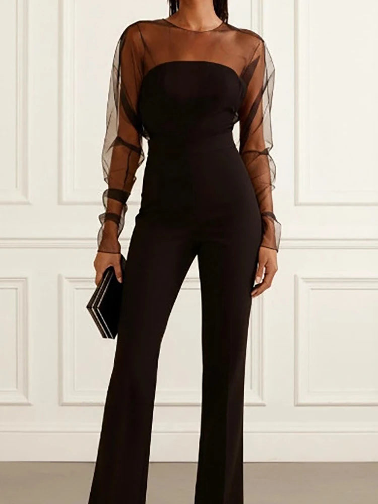 O Neck Long Sleeve Chic Fashion Jumpsuits, Women Spring Summer Flare Pants Elegant Bodysuits, New Solid Mesh Patchwork...