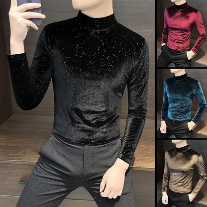 Gold Velvet Men's Long-sleeved T-shirt New Autumn and Winter Half Turtleneck Top Starry Sky Mid-collar Bottoming Shirt |...
