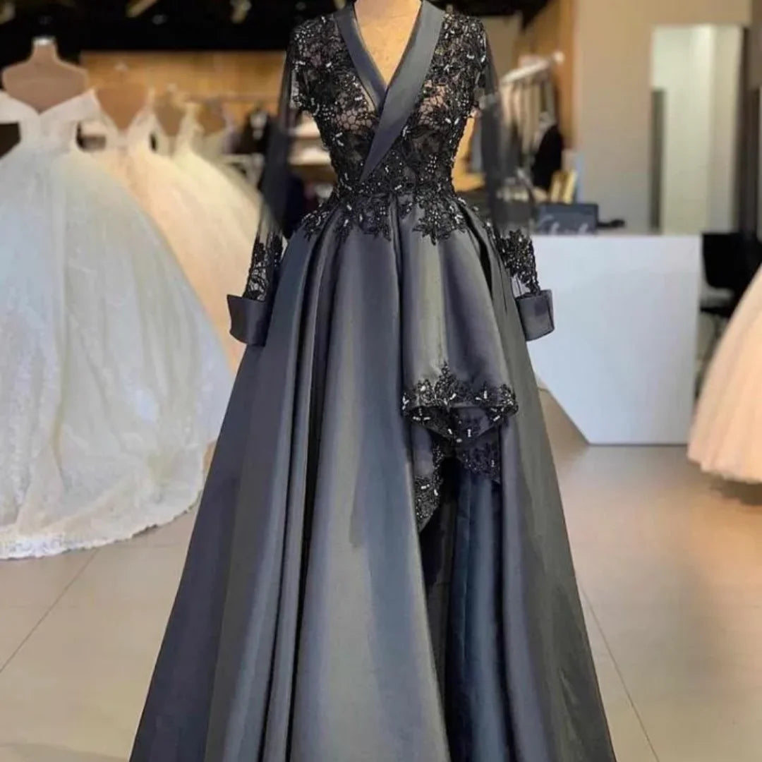 V Neck Mermaid Long Sleeves Lace Appliques Side Split Black Satin Party Wedding Guest Mother Dress Vintage Of The Bride...