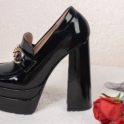 SIMLOVEYO Women Fashion Pumps Round Toe Chunky Heels 14cm Double Platform 4cm Slip On Metal Decor Big Size 43 44 45...