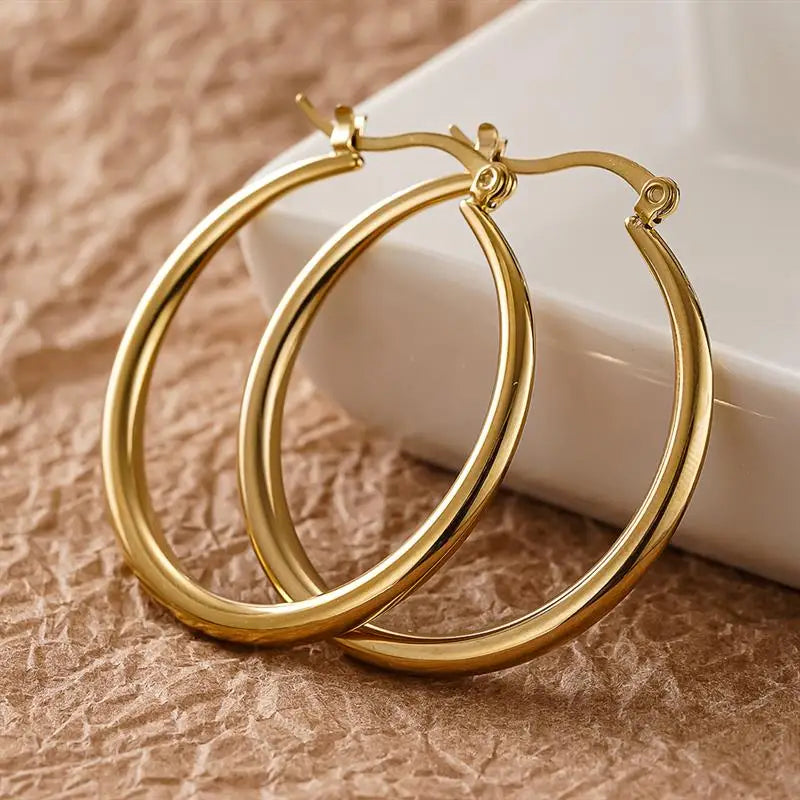 Huitan Fashion Stainless Steel Women Hoop Earrings Circle Wedding Party Luxury Lady Daily Wearable Accessories Chic Jewelry Gift