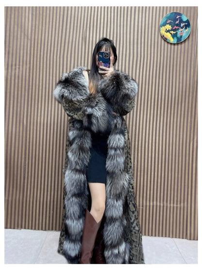 120cm Length Women's Genuine Rabbit Fur Coat Fox Fur Hooded Long Jacket Luxury Overcoats