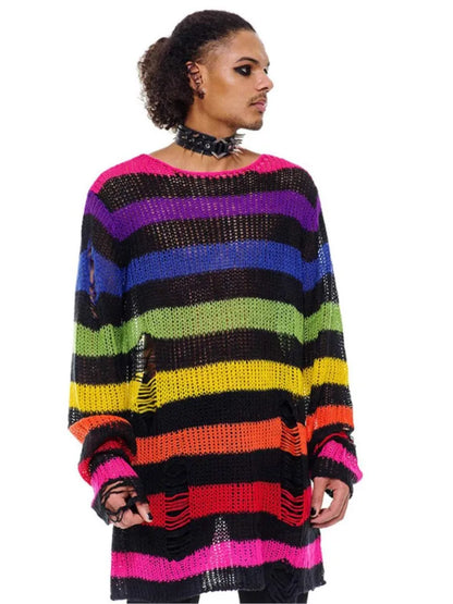 Fashion O-neck Long-sleeved Sweater For Women Autumn High Street Ripped Rainbow Gradient Stripes Mid-length Loose Sweater Female - Kimlud